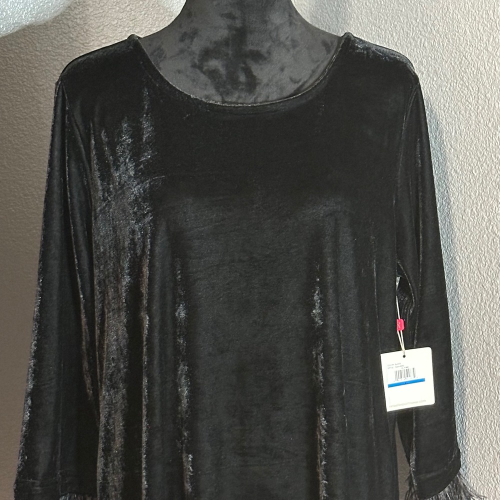 Rafaella Black Velvet Feather Trim‎ Long Sleeve Top XL Quiet Luxury Old Money - Picture 2 of 8